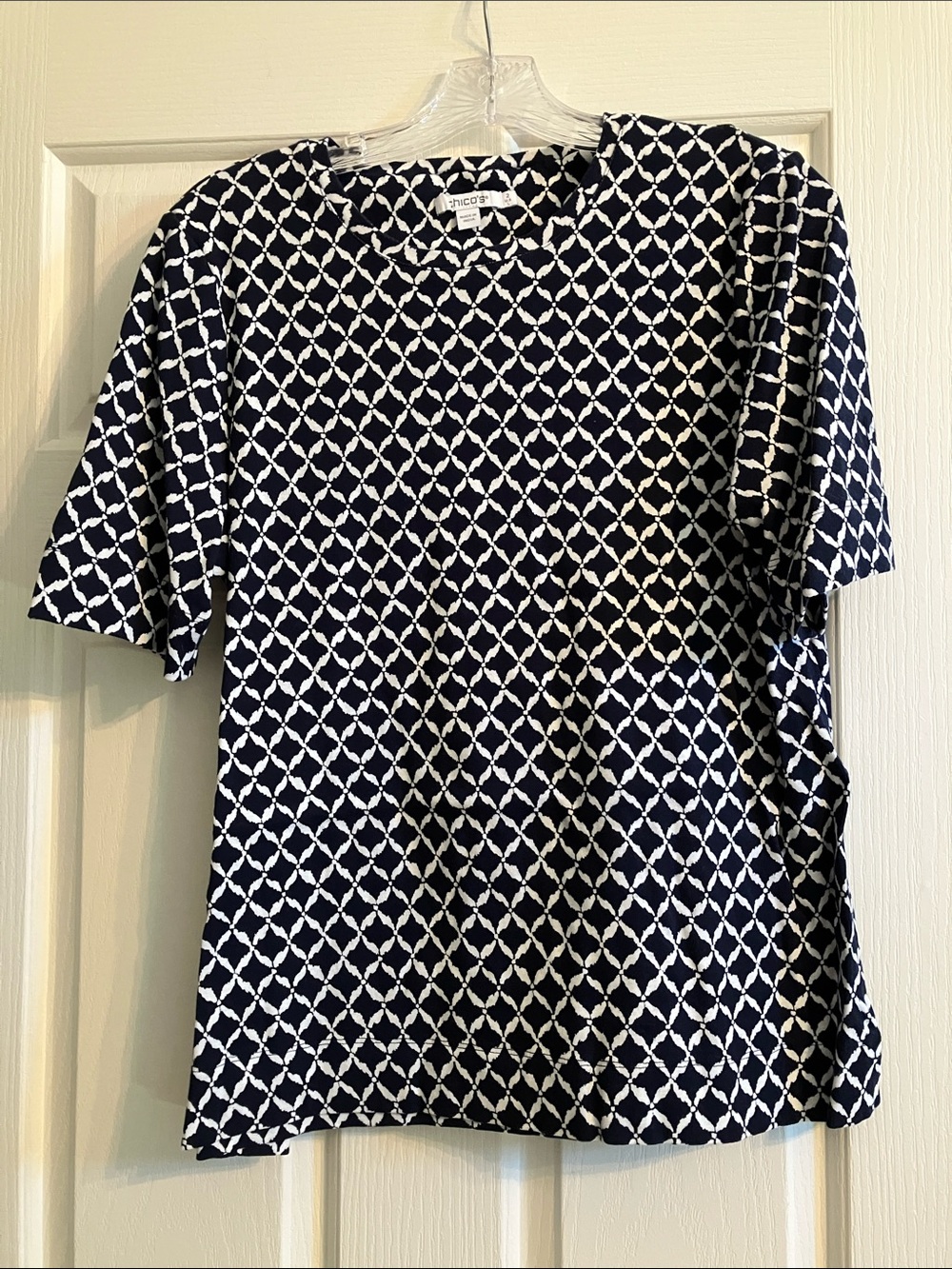 Chico's Navy and White Lattice Short Sleeve Tee